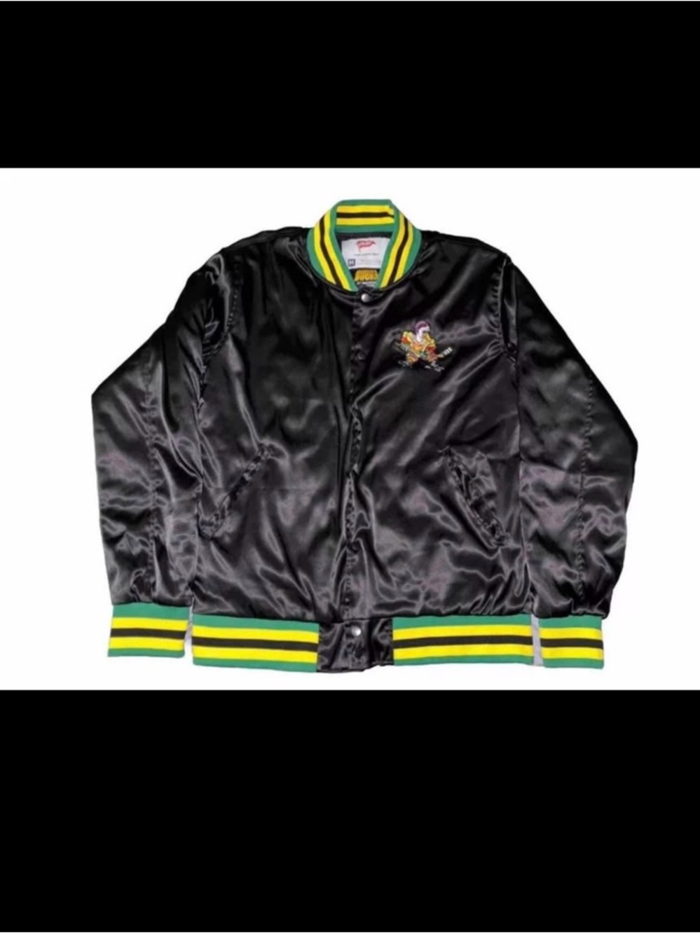 Men's Black Satin Bomber Jacket with Green & Yellow Trim